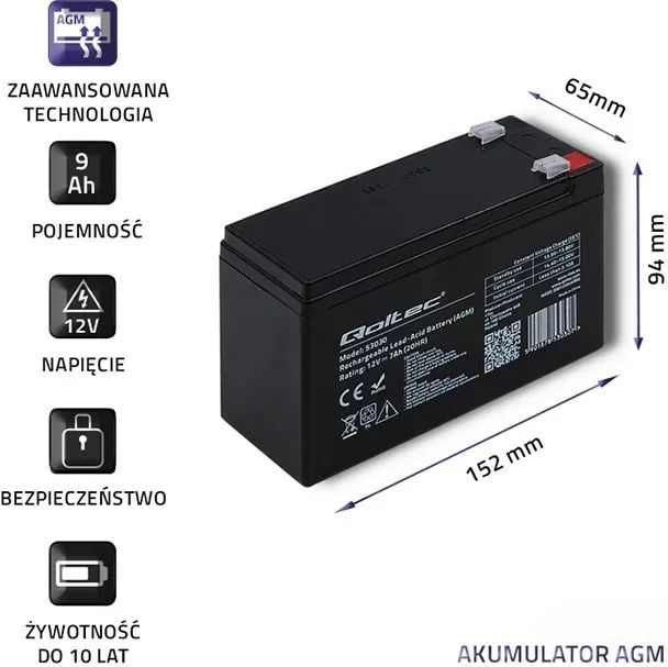 Akumulator Qoltec 53031, 12V/9Ah, AGM - 3
