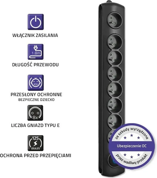 Kabllo vazhduese Qoltec, 8 priza, 1.8 m, e zezë - 3