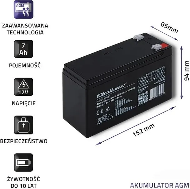 Bateri Qoltec 53030 AMG, 12V, e zezë - 4