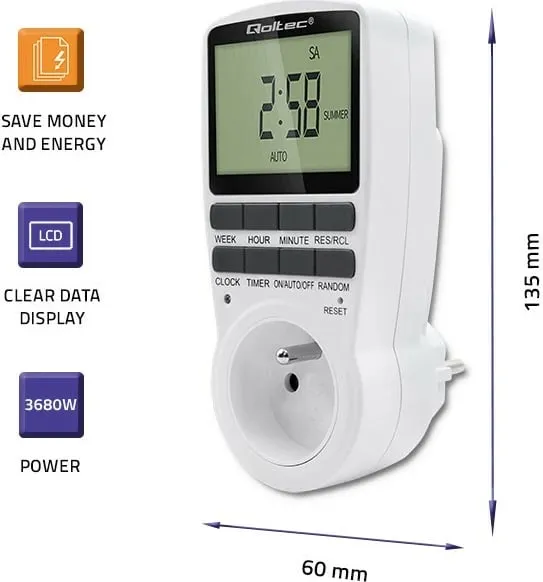 Kohëmatës elektronik Qoltec PC0628, 3680W, 16A, me ekran LCD - 4