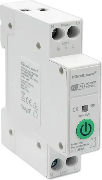Rele inteligjente Qoltec WLAN DIN Rail, matës energjie 63A, Wi‑Fi, e bardhë
