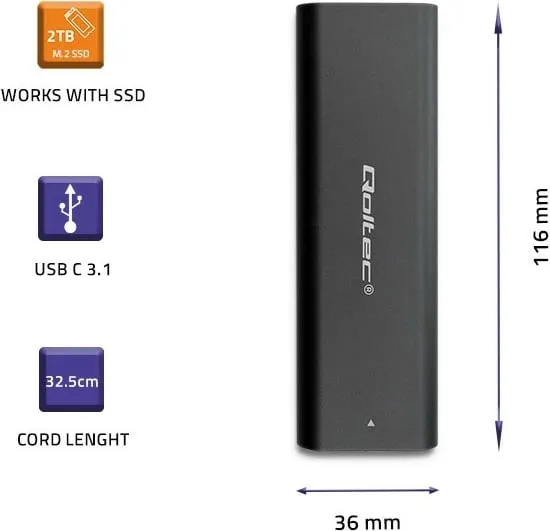 Kuti eksternale SSD Qoltec 50311, M.2 SATA, USB Type C, e zezë - 3