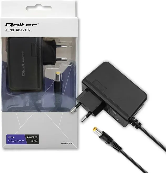 Adapter karikues Qoltec Plug in, 18W, 9V 2A, 5.5x2.5 mm, i zi - 1