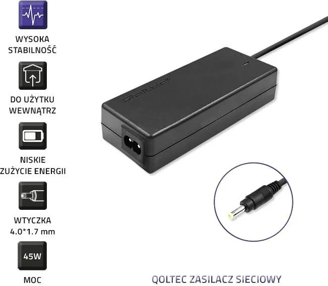 Përshtatës rryme për laptop Qoltec, 45W, 1.7mm, 2.2 A, 20V - 3