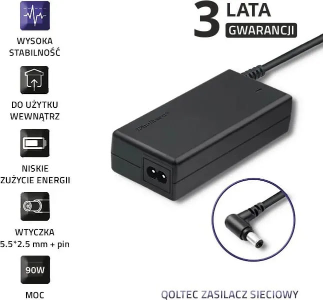 Karikues Qoltec për laptop, 90W, 2.5mm, 19V, i zi - 2