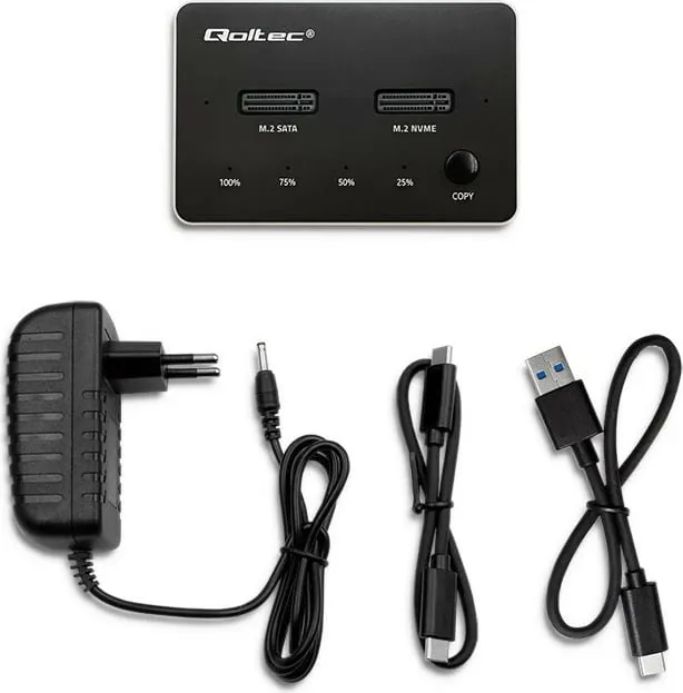 Docking station Qoltec për M.2 SSD, NVMe SATA, USB C, dual 2 x 2TB, gri - 12