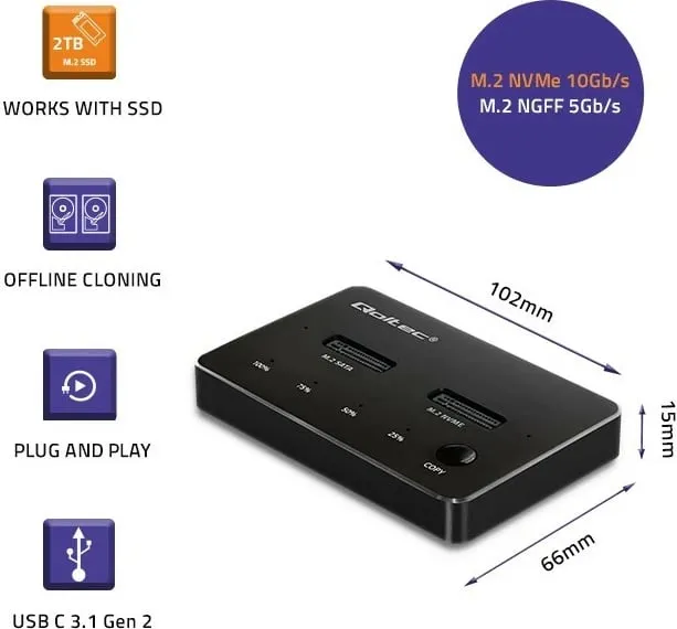 Docking station Qoltec për M.2 SSD, NVMe SATA, USB C, dual 2 x 2TB, gri - 3