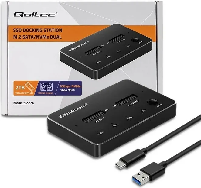 Docking station Qoltec për M.2 SSD, NVMe SATA, USB C, dual 2 x 2TB, gri - 7