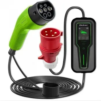 Karikues portativ për makina elektrike Qoltec 52466, Type 2, 7kW, CEE 32A/5 PIN, 230V, LCD, 5m, Jeshil