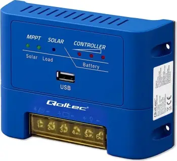 Kontrollues diellor Qoltec MPPT 15A, rrymë 12V 24V, për bateri dhe ngarkesa DC, i zi