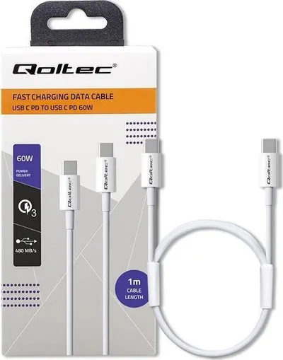 Kabllo USB Qoltec USB-C në USB-C, 1m, 3A, e bardhë - 1