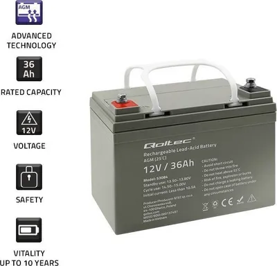 Bateri AGM Qoltec 12V 36Ah, 540A, gri - 2