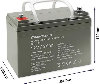 Bateri AGM Qoltec 12V 36Ah, 540A, gri - 4