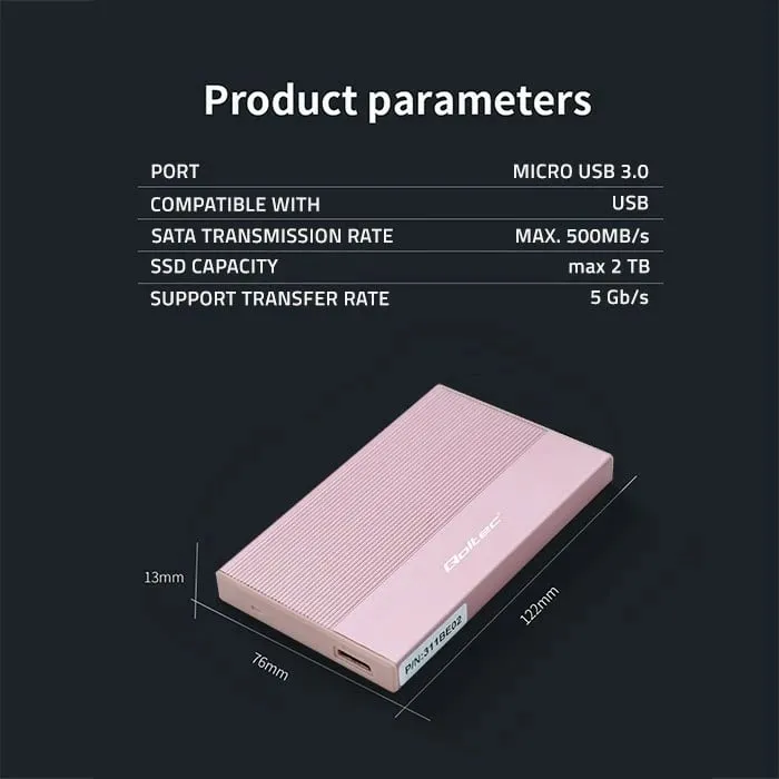 Kuti e jashtme për disk Qoltec, 2.5", USB 3.0, 2TB, rozë - 5