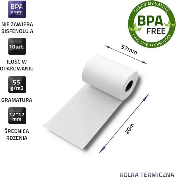 Rrollë termike Qoltec, 57x20 m, 55 g/m2, pa BPS, e bardhë - 9