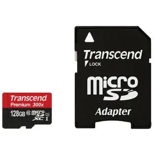 Kartelë memorie Transcend microSDHC 128GB me adapter, Class 10, UHS-I, e zezë/kuqe
