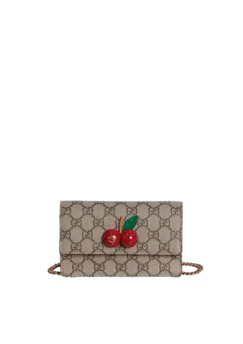 GUCCI GG Supreme Cherry Crystal Mini Bag Chain Shoulder Crossbody