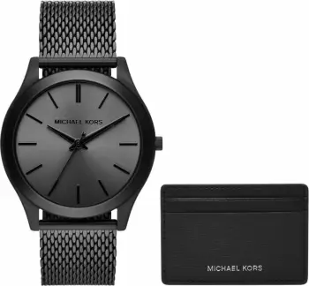 Set dhuratë për meshkuj Michael Kors Runway, orë 44mm çelik inox quartz, portofol lëkurë, i zi