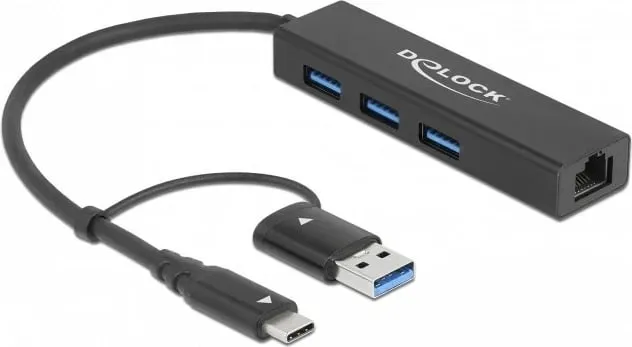 USB hub DeLOCK 3 porta + LAN Gigabit, USB 3.2 Gen 1, Type-A/Type-C, i zi - 1