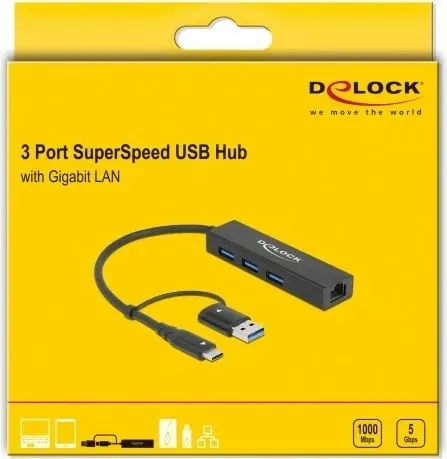 USB hub DeLOCK 3 porta + LAN Gigabit, USB 3.2 Gen 1, Type-A/Type-C, i zi - 2