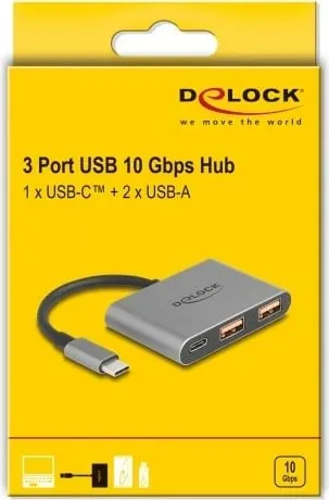 USB hub DeLOCK 3 porta, Type-C në 1x Type-C + 2x Type-A, 10 Gbps, gri - 2