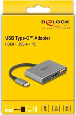 Adapter USB Type-C DeLOCK, HDMI 4K 30Hz, USB Type-A, USB Type-C PD 90W, gri - 1