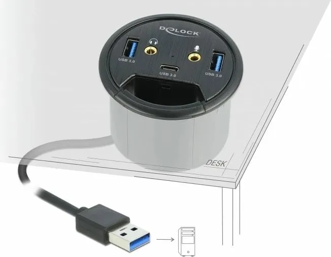USB hub DeLOCK 3 porta, 1x USB Type-C, 2x USB Type-A, HD-Audio, e zezë - 3