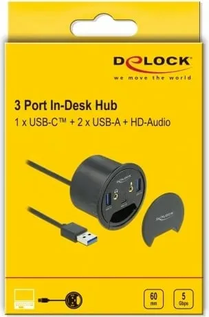 USB hub DeLOCK 3 porta, 1x USB Type-C, 2x USB Type-A, HD-Audio, e zezë - 5