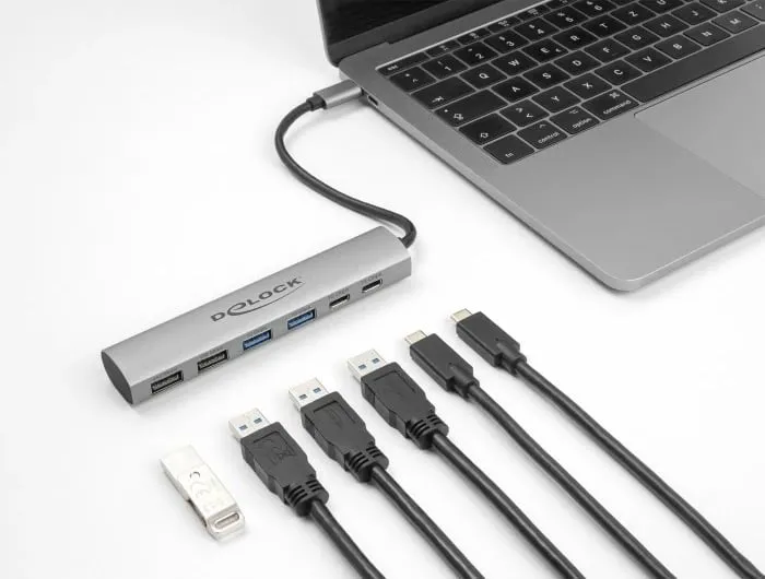 USB hub DeLOCK 6 porta, alumini, USB 3.2 Gen 1, Type-A + Type-C, gri - 1