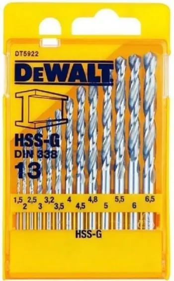 Turjela metalike DEWALT HSS-G DIN 339 (komplet turjelash 13 copë metalike përfshirë copa shpuese HSS-G: 1.5, 2, 2.5, 32, 3, 3.5, 4, 4.5, 2x5, 5.5, 6, 6.5 mm) - DT5922 -QZ