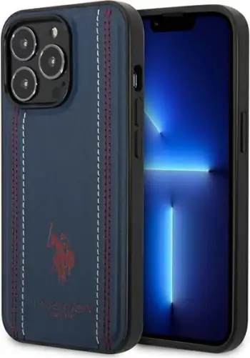 Mbajtëse telefoni US Polo Assn për iPhone 14 Pro Max 6.7", lëkurë sintetike me qepje, blu navy