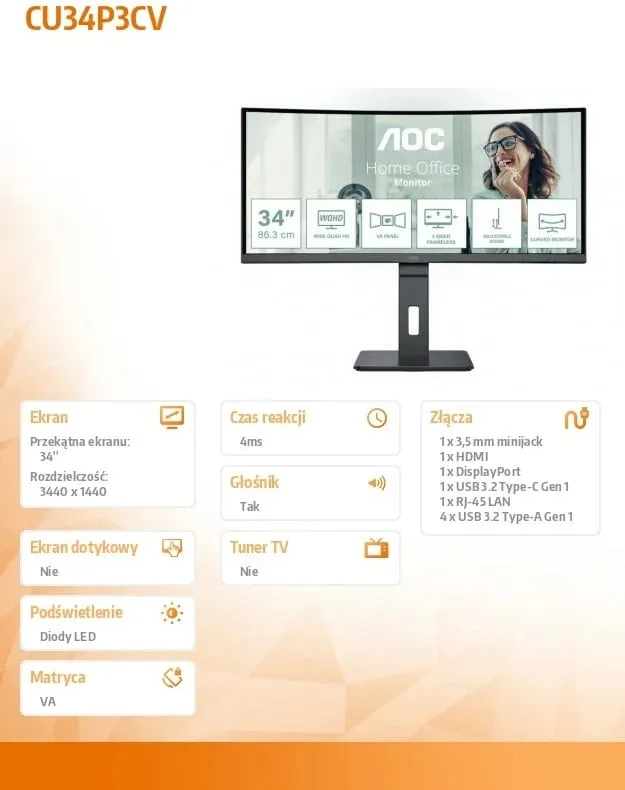 Monitor AOC CU34P3CV - LED, 34", UW-QHD, i zi - 1
