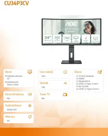Monitor AOC CU34P3CV - LED, 34", UW-QHD, i zi