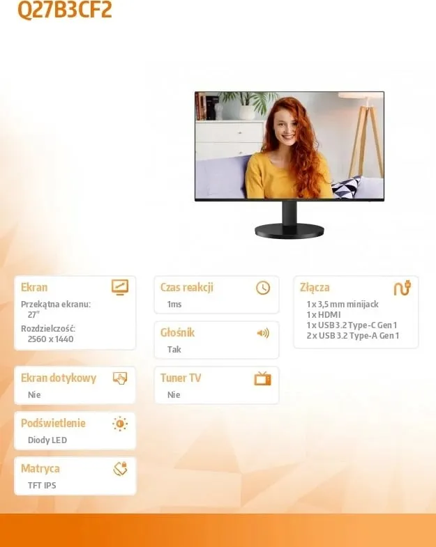 Monitor AOC Q27B3CF2, 27", 2560 x 1440 (WQHD), 100 Hz, i zi - 1