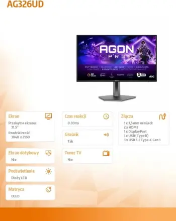 Monitor AOC AGON PRO AG326UD 31.5\" QD-OLED 4K UHD 165Hz