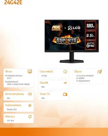 Monitor gaming AOC Agon 24G42E 23.8\" IPS FHD 180Hz 1ms, i zi, set me kabllo HDMI/DisplayPort