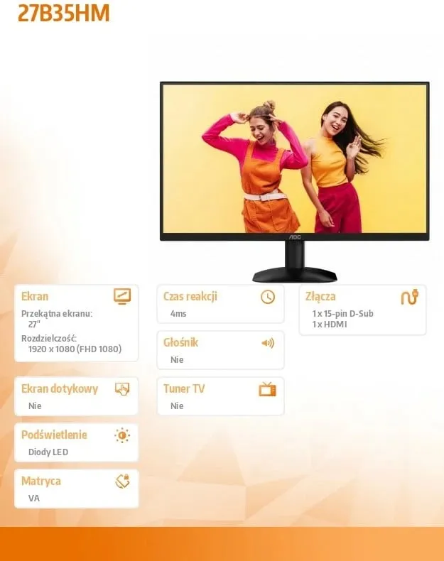 Monitor, AOC, 27B35HM, 27 inch, 120 Hz, 1 ms MPRT, Adaptive Sync, i zi - 1