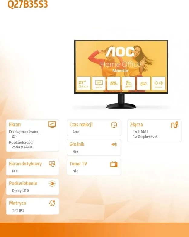 Monitor AOC Q27B35S3 27 inç, QHD, 120Hz, IPS, i zi - 7