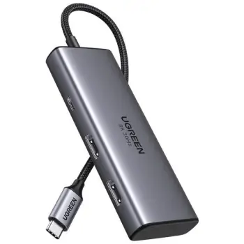USB C Hub Ugreen Revodok 206, 6 porte, 2x HDMI, USB 3.2, 100W, argjendtë