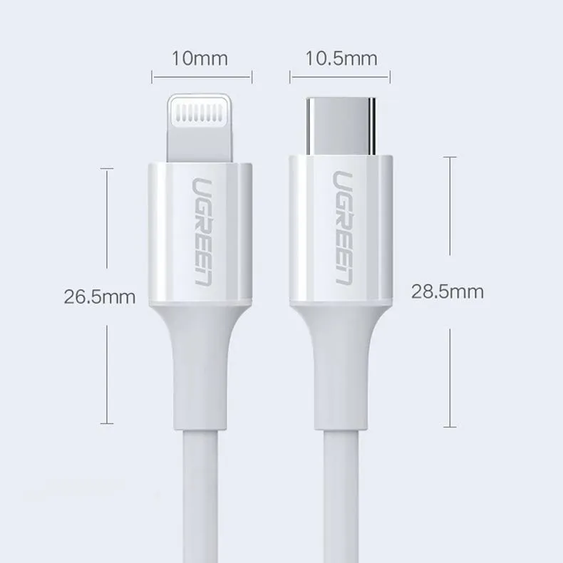 Kabllo Ugreen US171 USB-C në Lightning, 0.5m, 20W, 3A, e bardhë - 14
