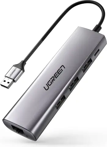 Adapter USB-A 5në1 Ugreen CM266 60812, 3x USB-A 3.0, RJ45, micro USB, Gri