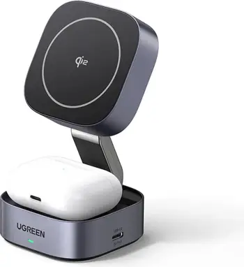 Stacion karikimi Ugreen 2 in 1 Qi2 Magnetic Foldable, me valë, i palosshëm, i zi