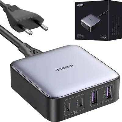 Karikues GaN UGREEN Nexode 65W, 2x USB-C, 2x USB-A, PD 3.0/QC4+, gri e errët - 1
