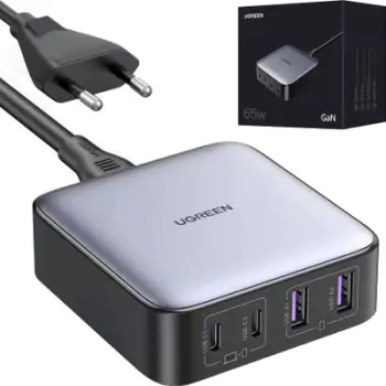 Karikues GaN UGREEN Nexode 65W, 2x USB-C, 2x USB-A, PD 3.0/QC4+, gri e errët