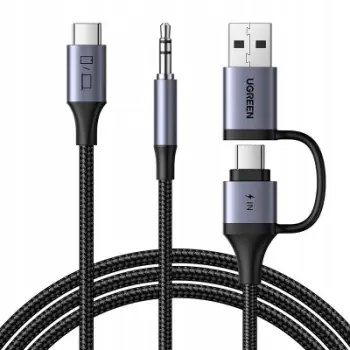 Kabllo audio dhe karikues UGREEN, USB C në 3.5mm, 60W PD, e zezë