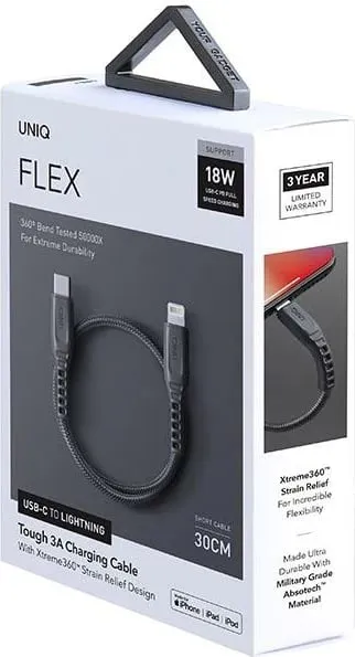 Kabllo UNIQ Flex USB-C në Lightning, 30cm, 18W, najlon, Gri - 2