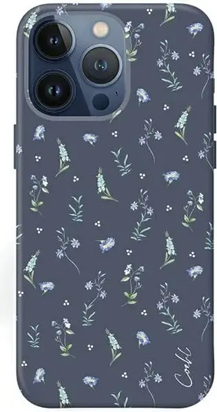 Kuti mbrojtëse UNIQ Coehl Prairie për iPhone 15 Pro, strukturë hibride, motiv floral, blu e errët