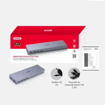Switch Unitek 4K HDMI 2.0, 4 në 1, i hirtë