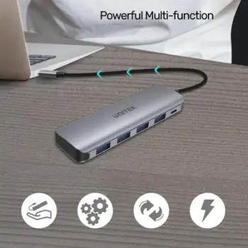 Qendër USB-C Unitek UHUB P5+, 4 porte USB-A, 12W, i hirtë