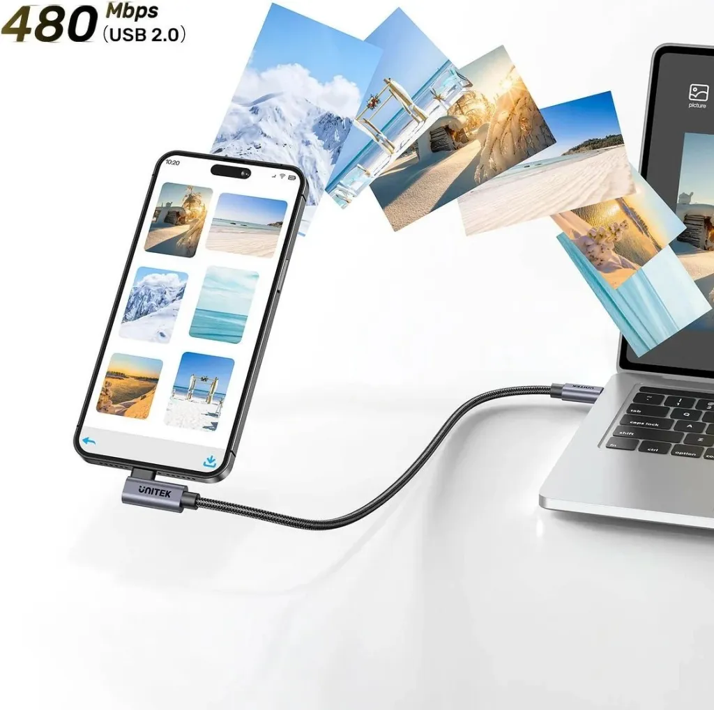 Kabëll USB-C Unitek 90° PD100W 5m, gri - 11